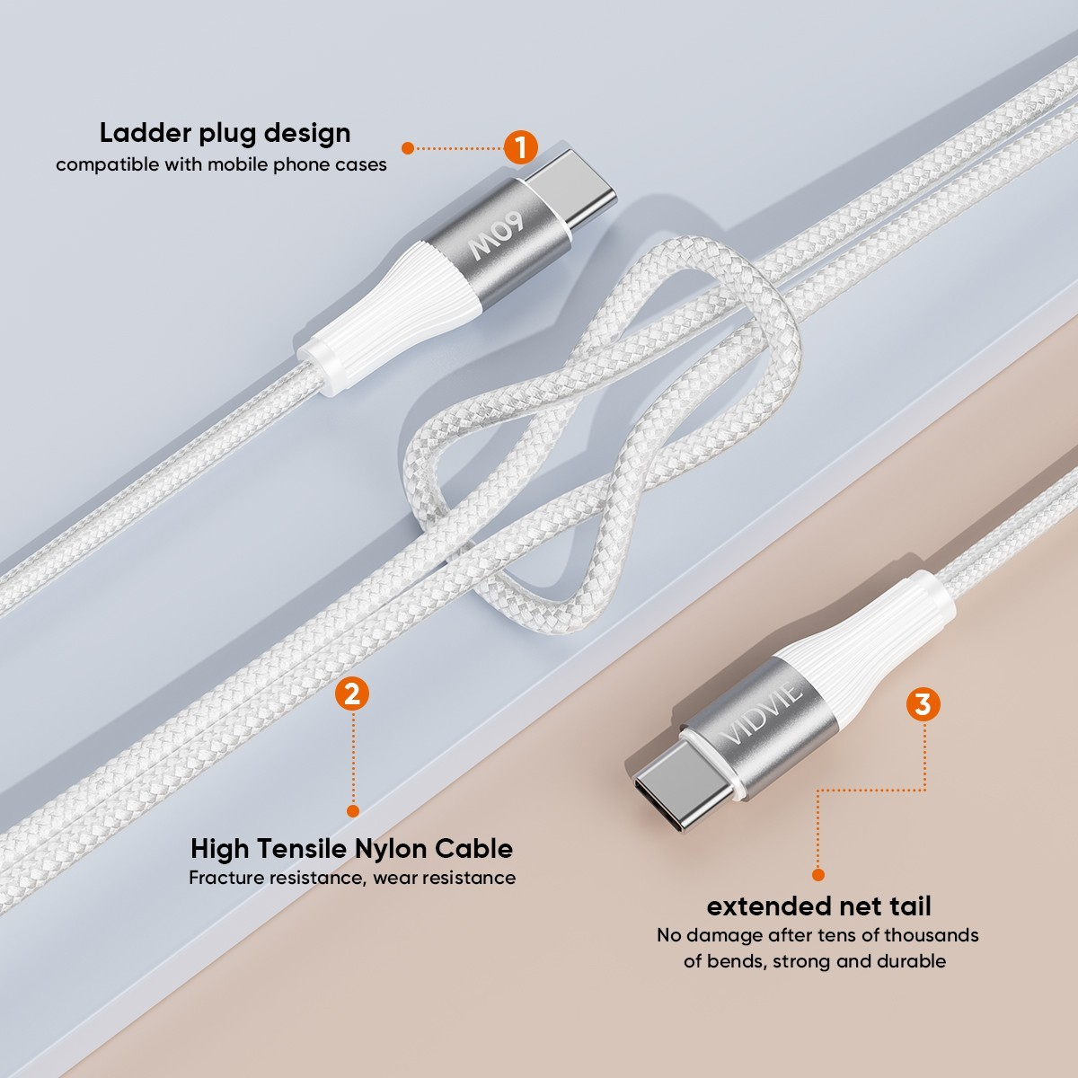 Cable Tipo C Tipo C Cable 2 mts 60W Trenzado Vidvie CB4038-2C&C
