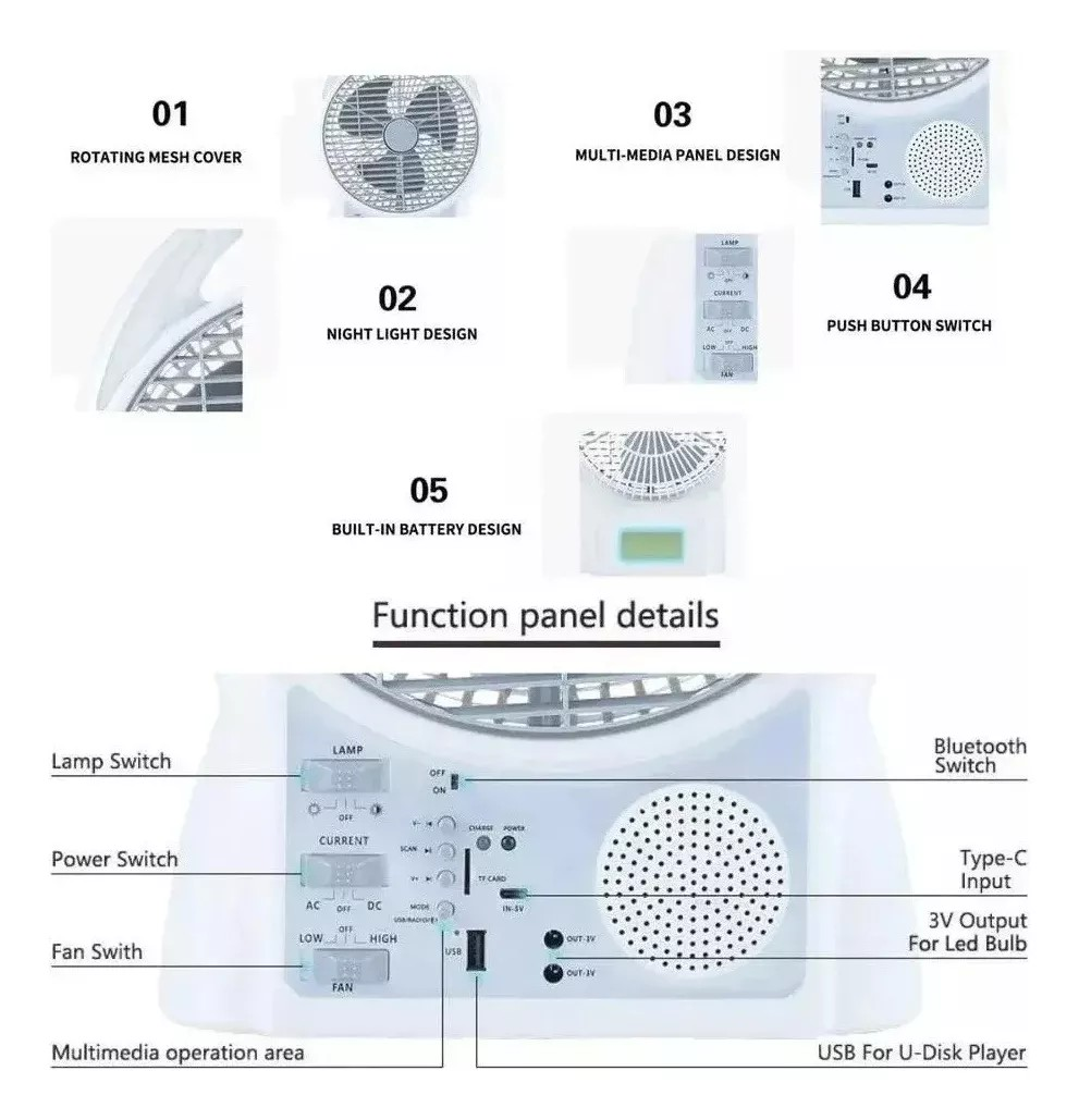 Ventilador Recargable Solar Panel 2 Bombillos Radio Parlante Bluetooth Radio FM CGd-8029