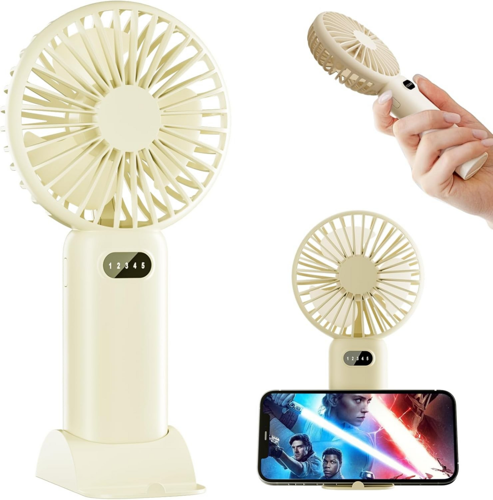 Ventilador portátil USB recargable, 5 velocidades y batería de larga duración para mano.