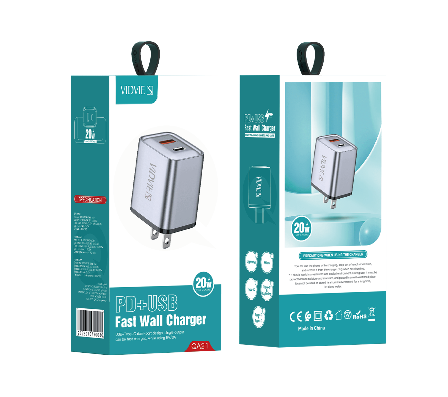 Cargador de Pared USB + Tipo C Dual 20W Vidvie QA21