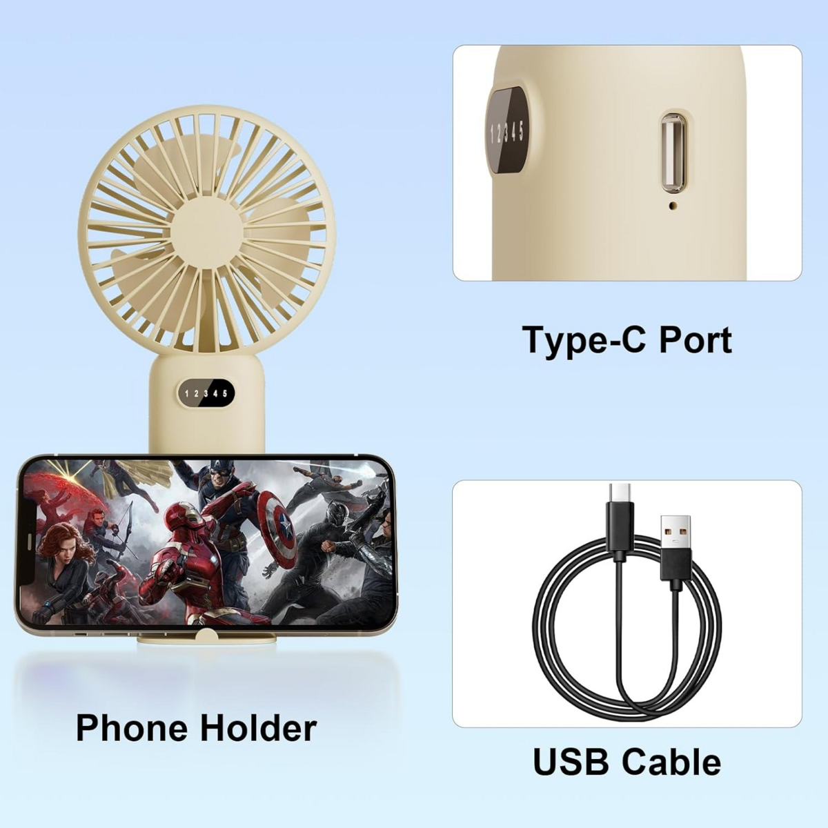 Ventilador portátil USB recargable, 5 velocidades y batería de larga duración para mano.