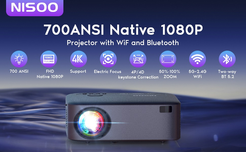 PROYECTOR NISOO CON ENFOQUE ELECTRICO FULL HD 1080P CON WIFI Y BLUETOOTH