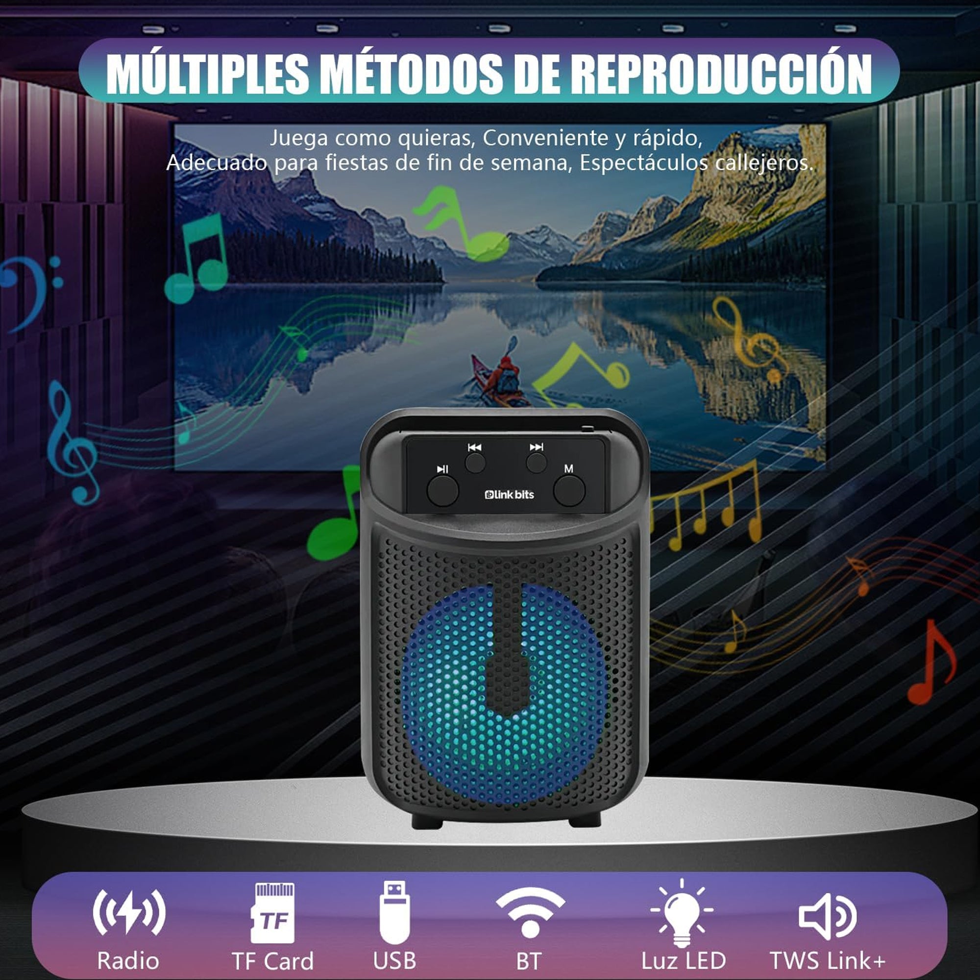 Parlante Bluetooth GTS-2288 Portátil Recargable con Luces RGB y Sonido Estéreo