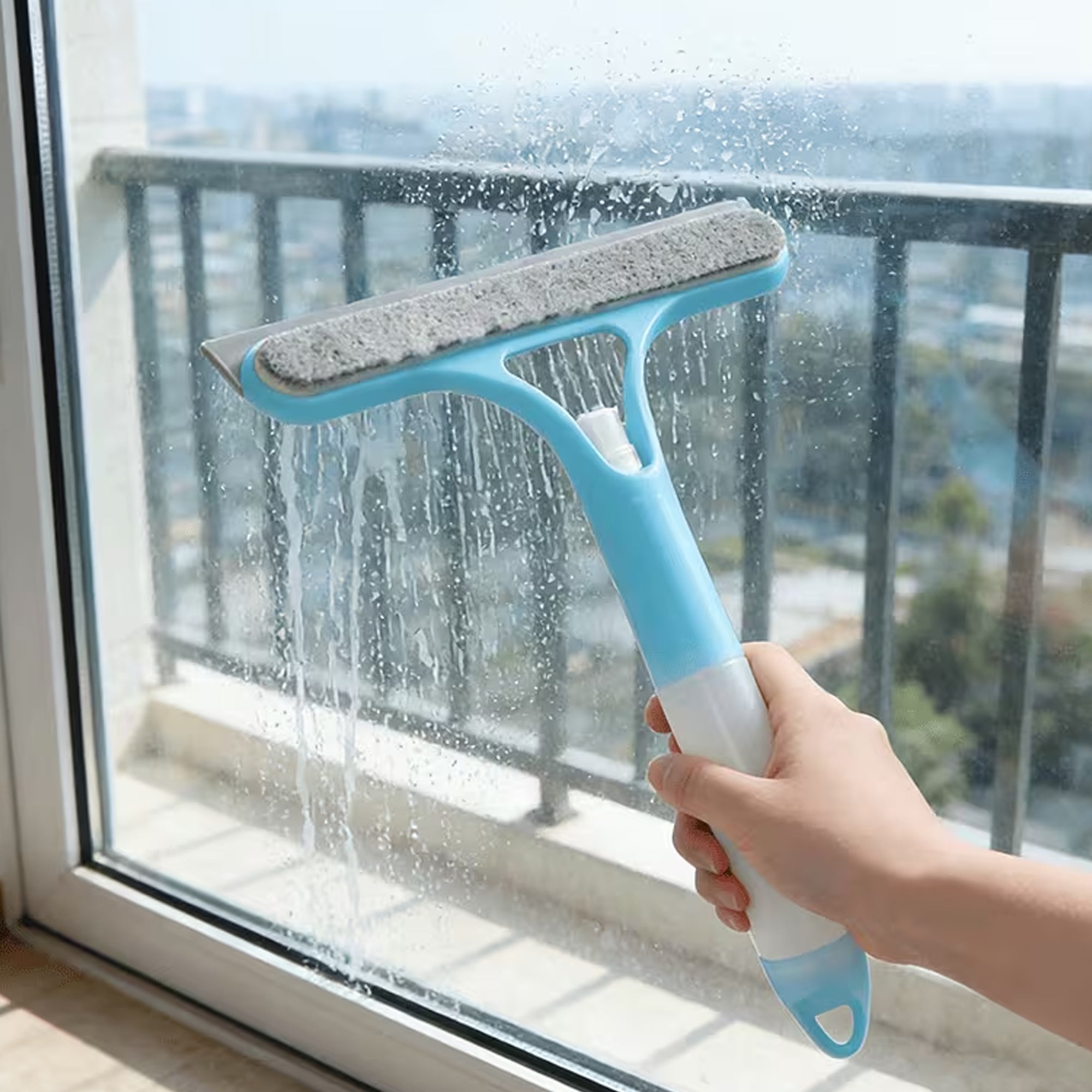 Limpiador de Vidrios con Spray Integrado y Mopa de Microfibra Reutilizable