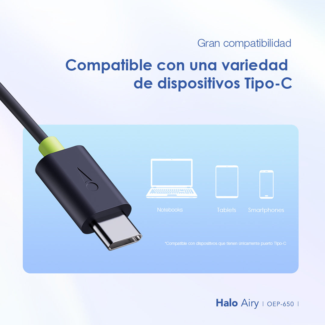 Audífonos Ergonomicos Tipo C Ultra Duraderos Halo Airy Negros