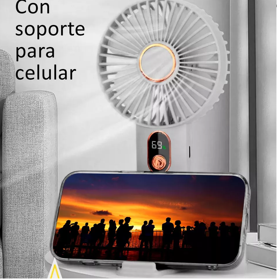 Ventilador portátil USB recargable, 5 velocidades y batería de larga duración para mano.