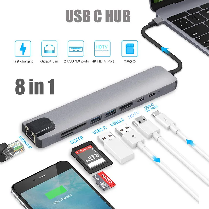 HUB Multipuerto Adaptador 8 en 1 A Tipo C TF SD RJ25 USB 3.0