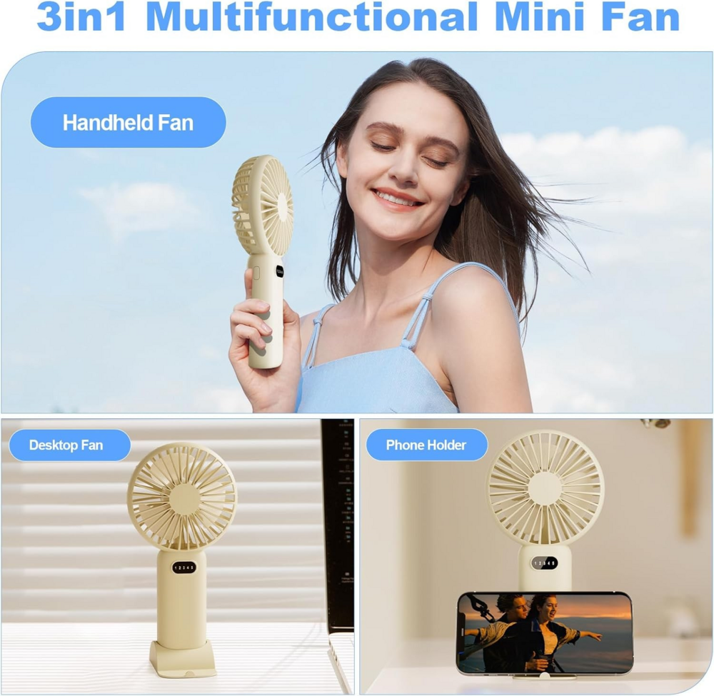 Ventilador portátil USB recargable, 5 velocidades y batería de larga duración para mano.