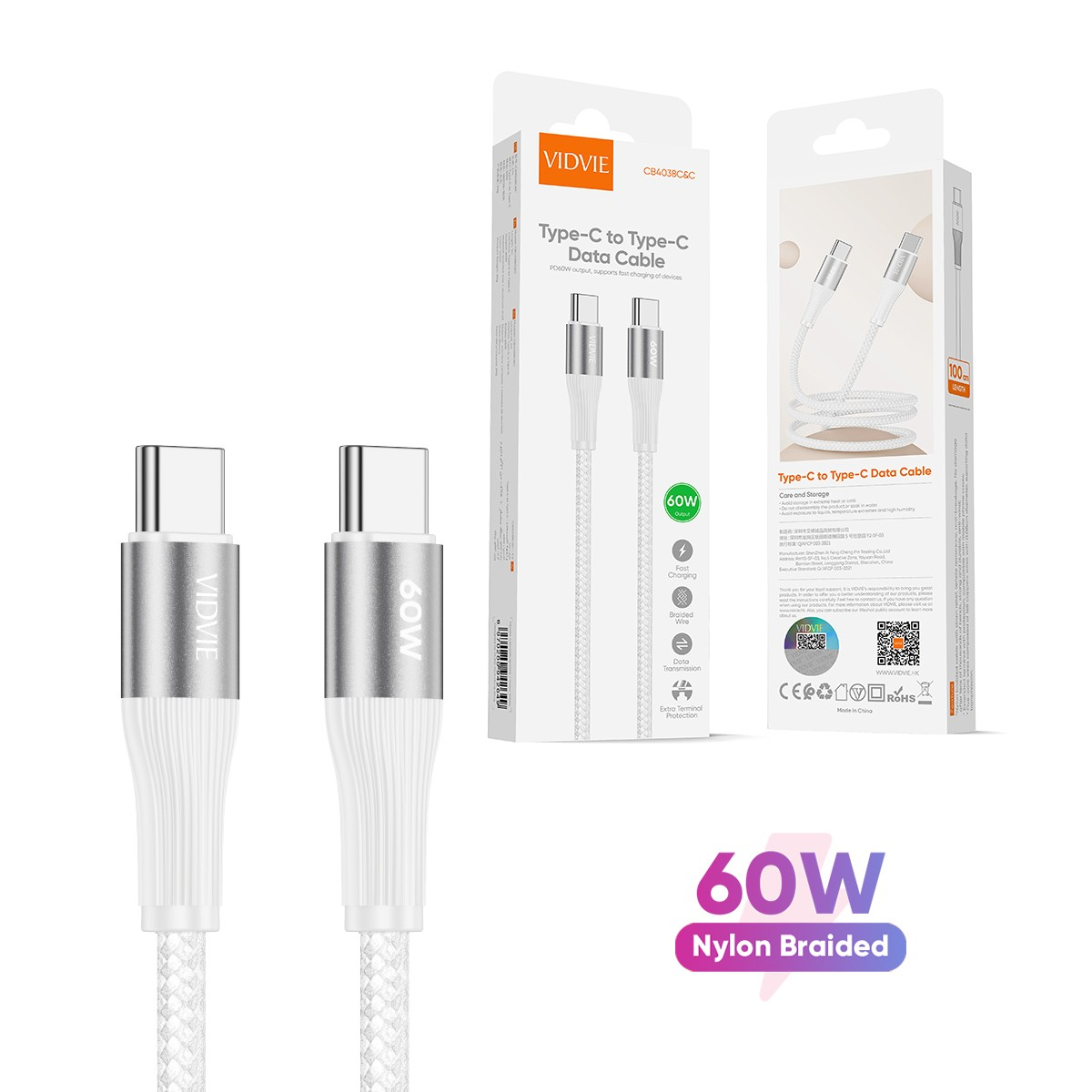 Cable Tipo C a Tipo C 1 mts 60W Trenzado Vidvie CB4038