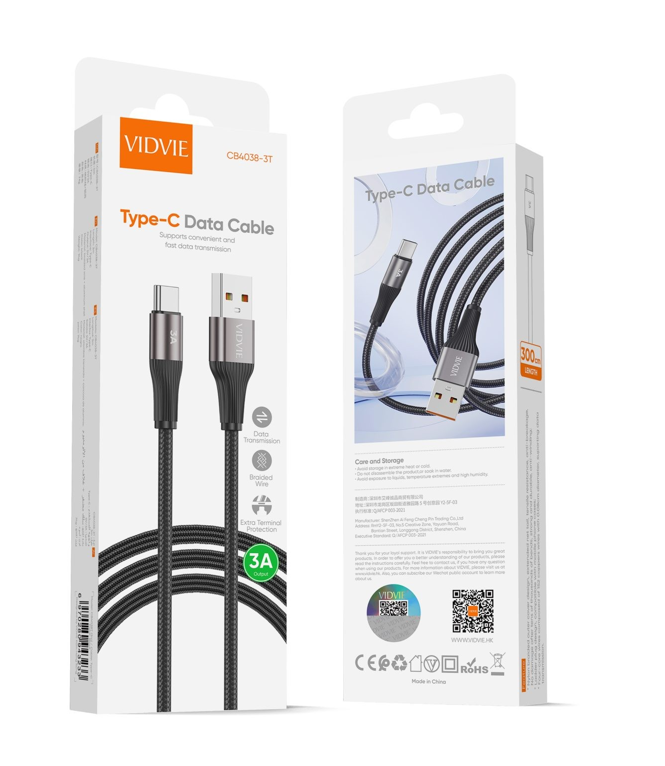 Cable Tipo C Data Cable 2 mts 20W Trenzado Vidvie CB4038 -2T