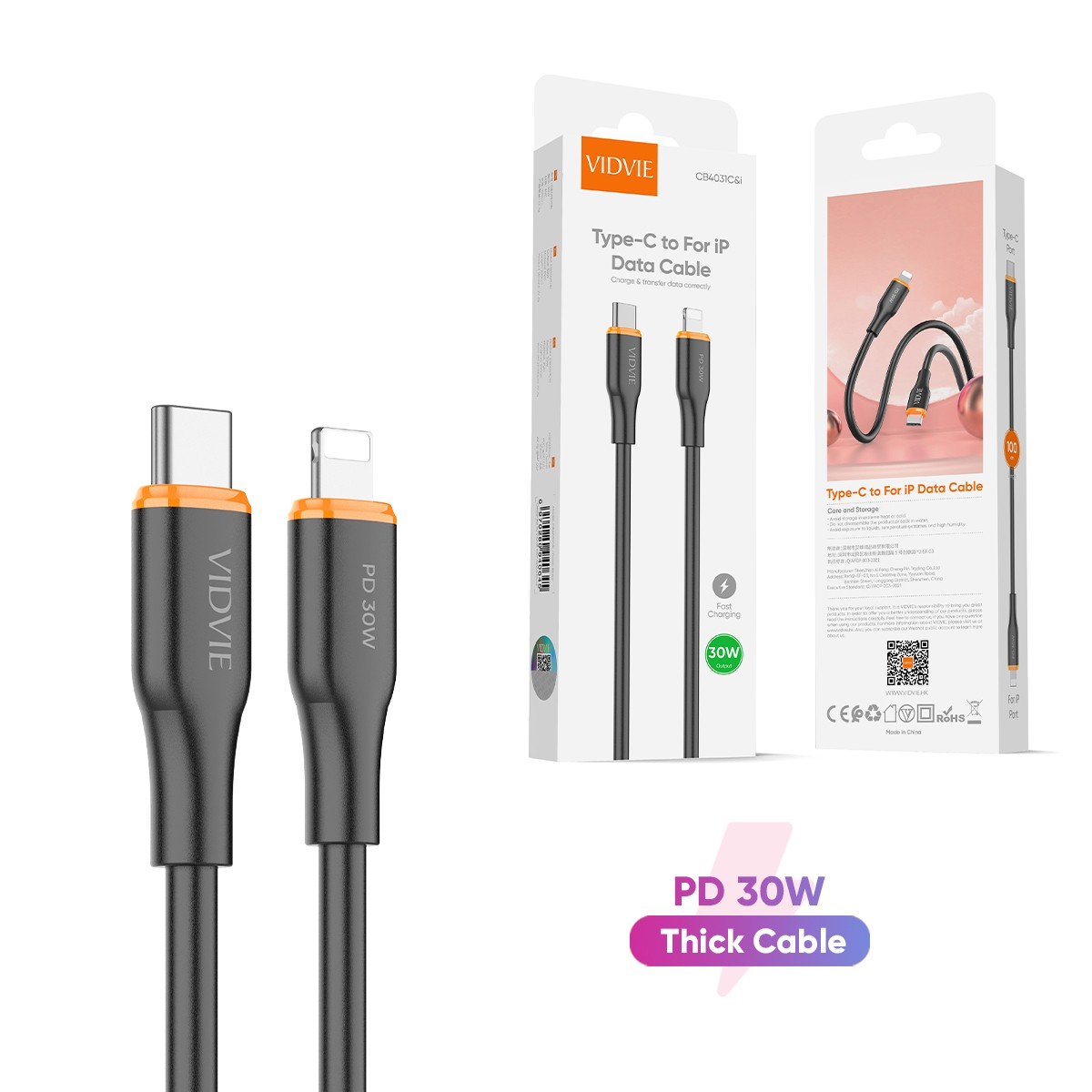 Cable Tipo C a Iphone 1 mts 30W Vidvie CB4031C