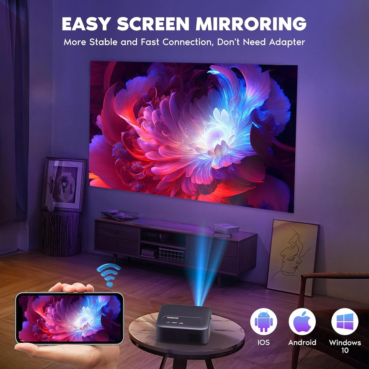 PROYECTOR NISOO CON ENFOQUE ELECTRICO FULL HD 1080P CON WIFI Y BLUETOOTH