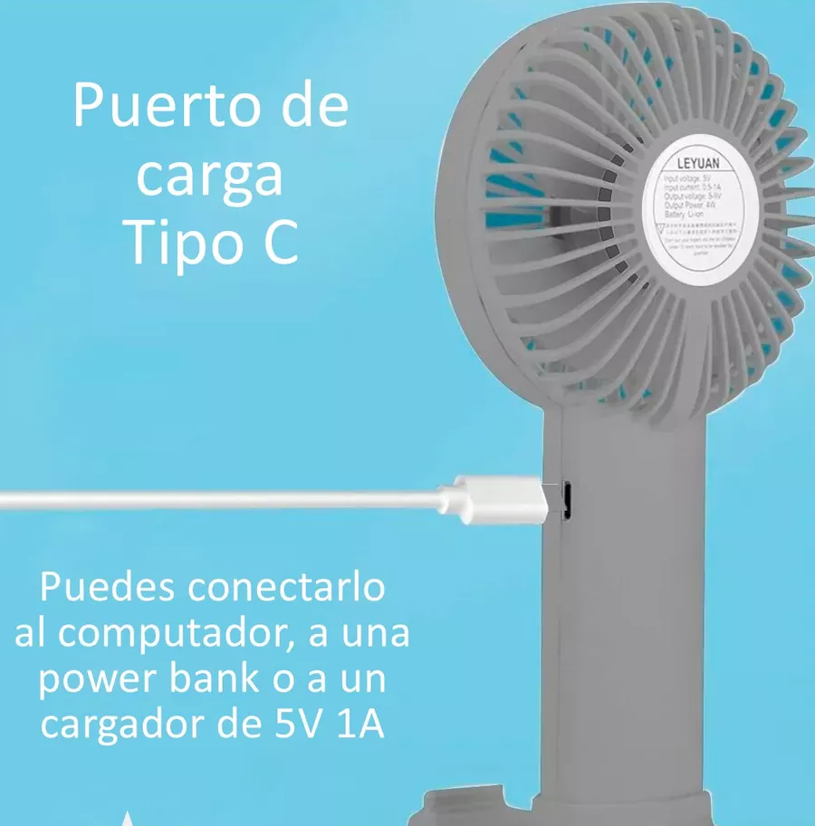 Ventilador portátil USB recargable, 5 velocidades y batería de larga duración para mano.