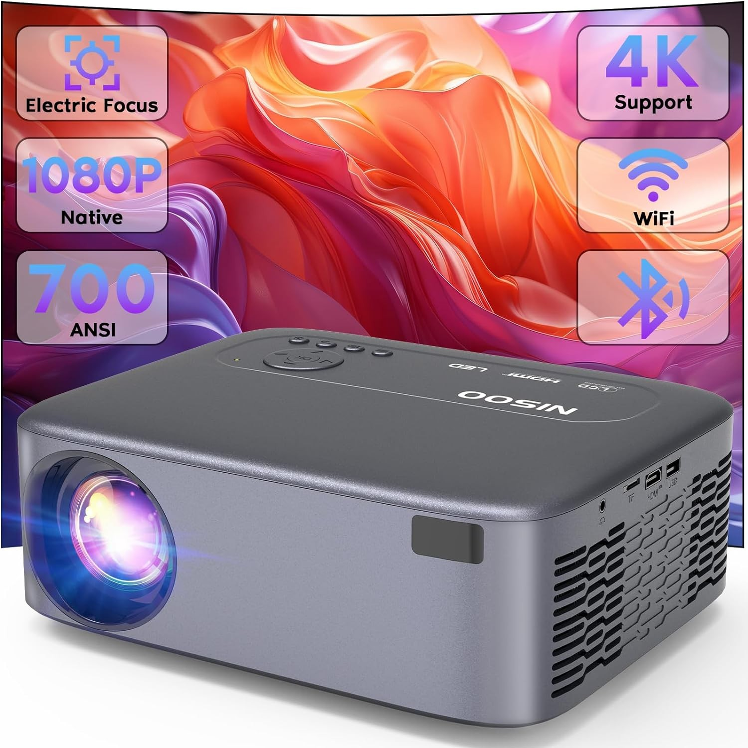 PROYECTOR NISOO CON ENFOQUE ELECTRICO FULL HD 1080P CON WIFI Y BLUETOOTH