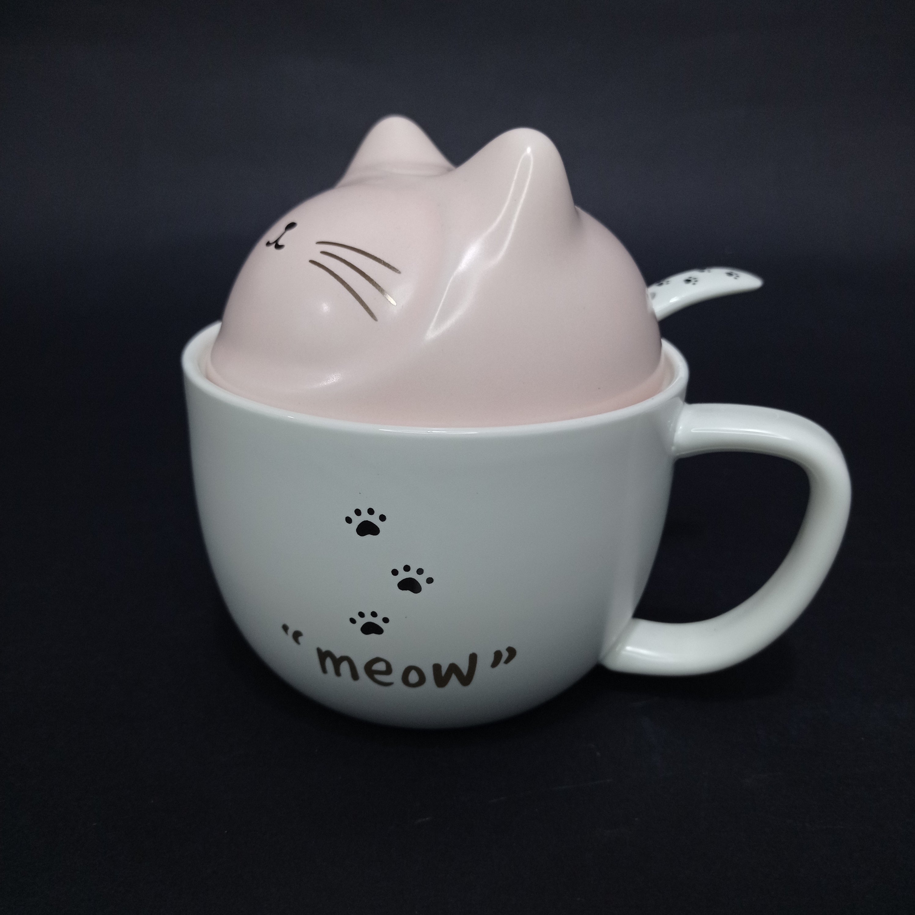 Mug Gato Blanco Tierno Con Mezclador y Tapa Rosada