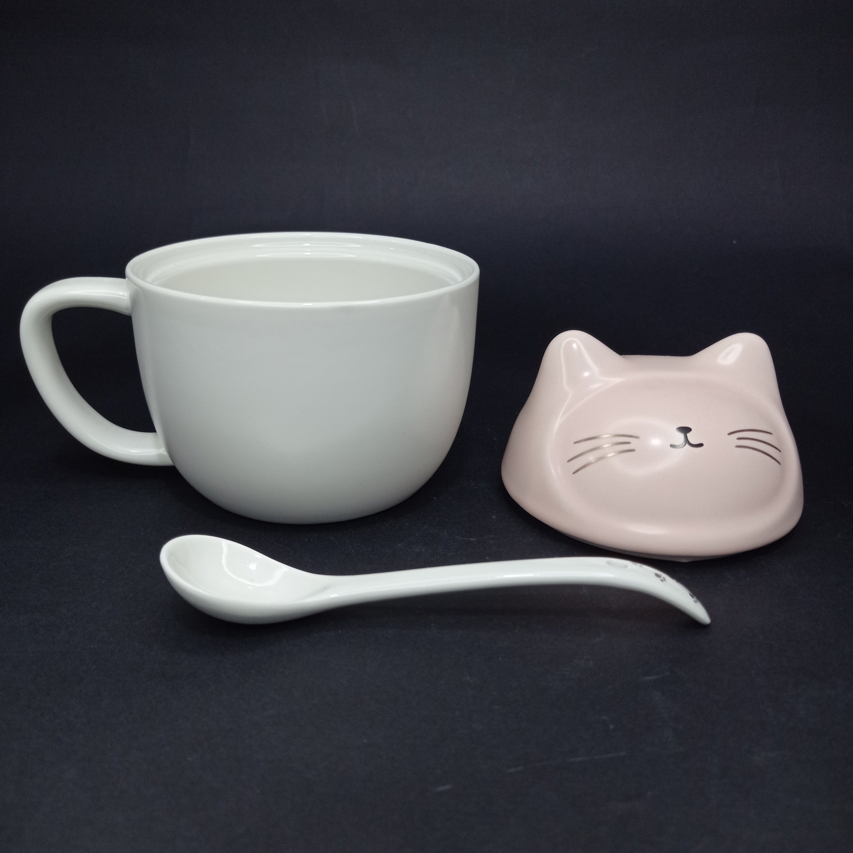 Mug Gato Blanco Tierno Con Mezclador y Tapa Rosada