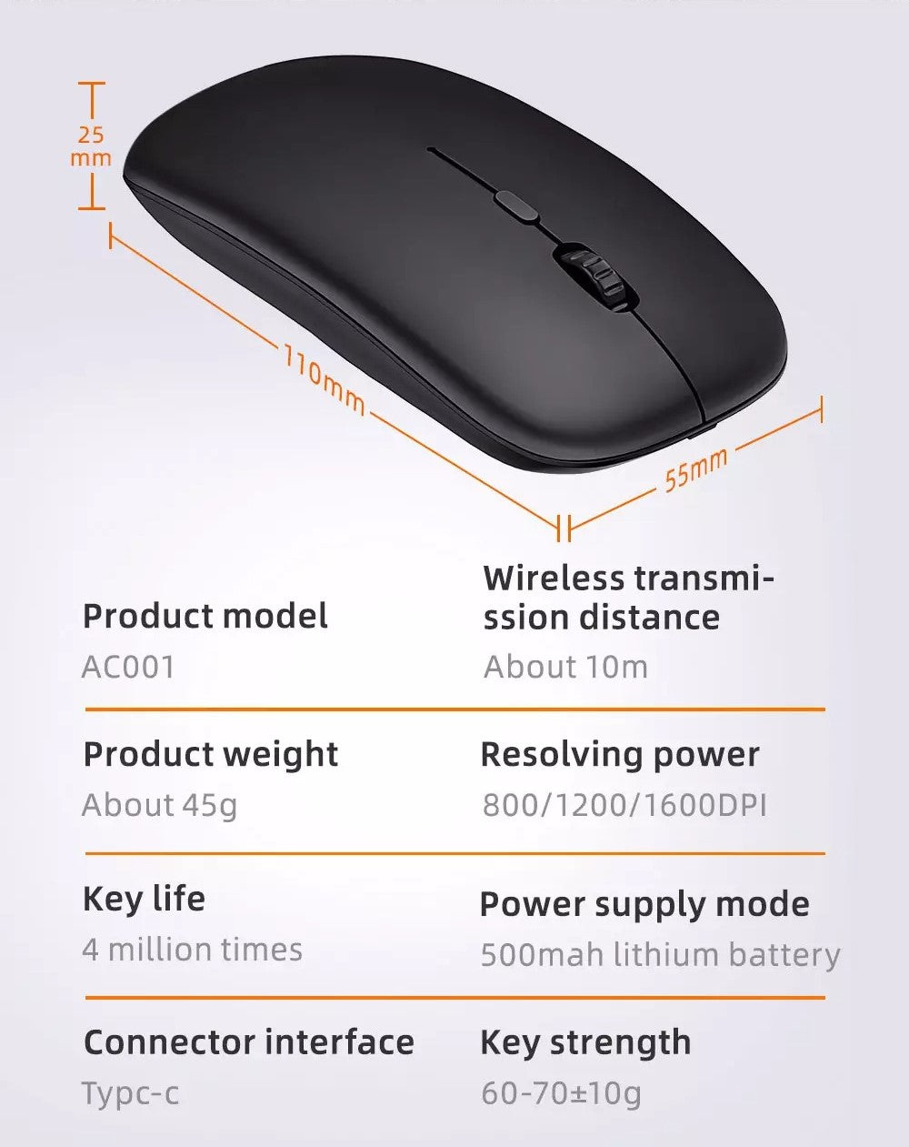 Mouse Bluetooth Inalámbrico 2.4Ghz DPI Variable AC001-3