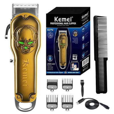 Maquina Cortadora de Pelo Km-1961 Profesional Recargable con Diseño Calavera Único