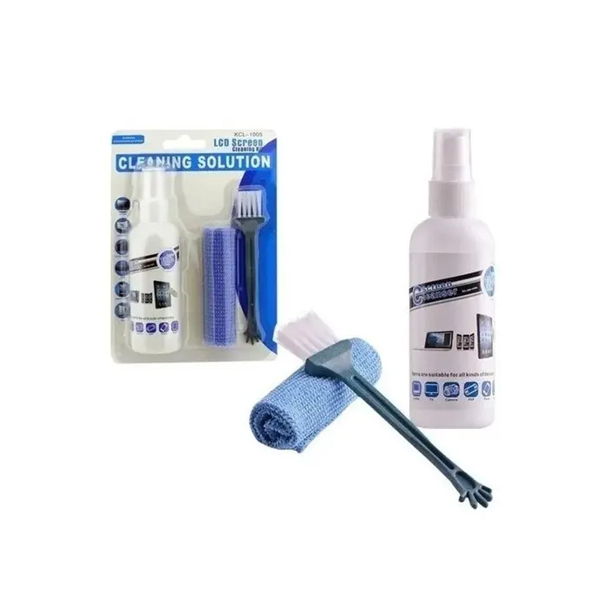 Kit Limpiador de Pantallas 3 en 1 con Spray Integrado y Paño de Microfibra