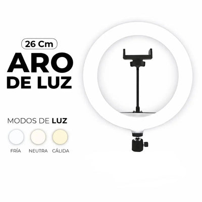 Aro de Luz LED 26 cm USB con Soporte para Celular – 3 Tonos de Luz
