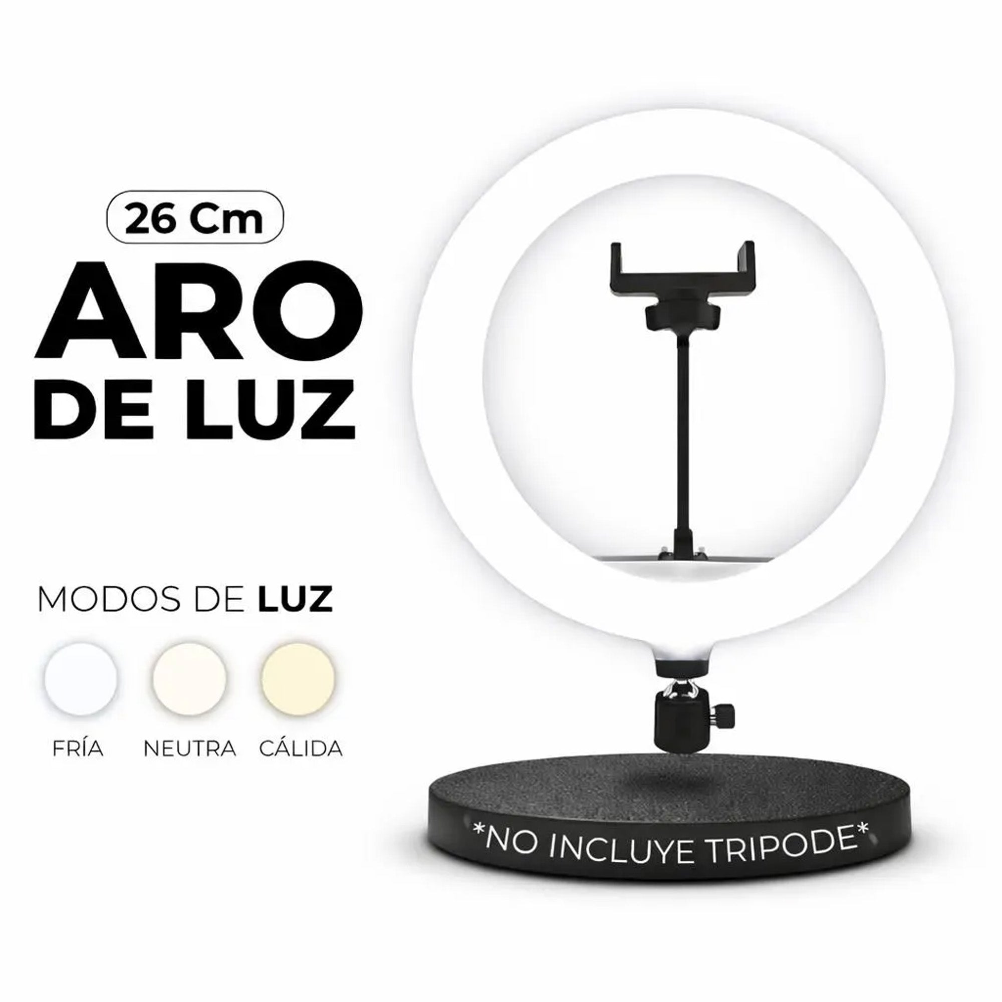 Aro de Luz LED 26 cm USB con Soporte para Celular – 3 Tonos de Luz