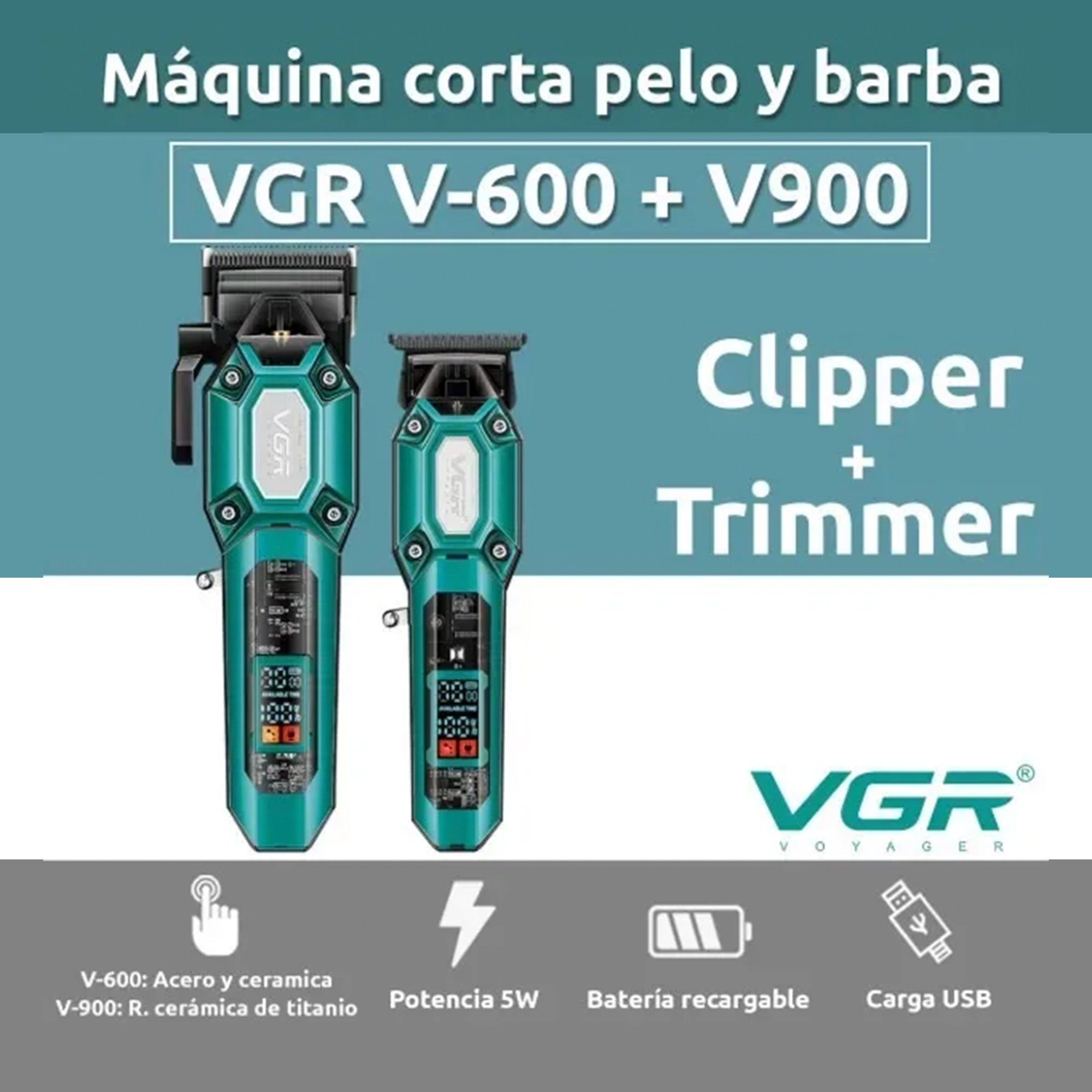 Combo VGR V-600 -900 Profesional – Clipper + Trimmer con Pantalla LCD - Tienvir