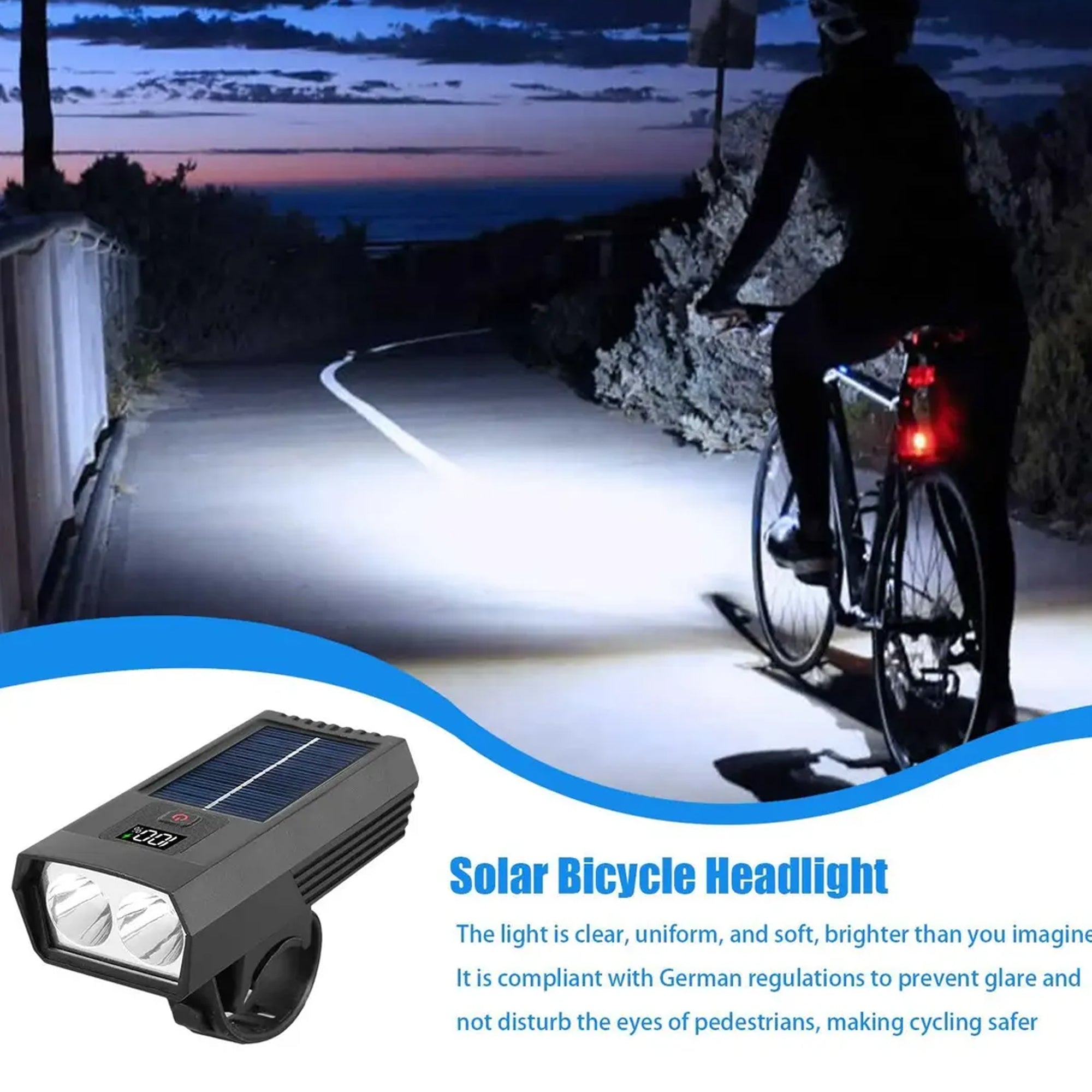 Luz Delantera para Bicicleta Recargable Solar y USB con Pantalla Digital LED