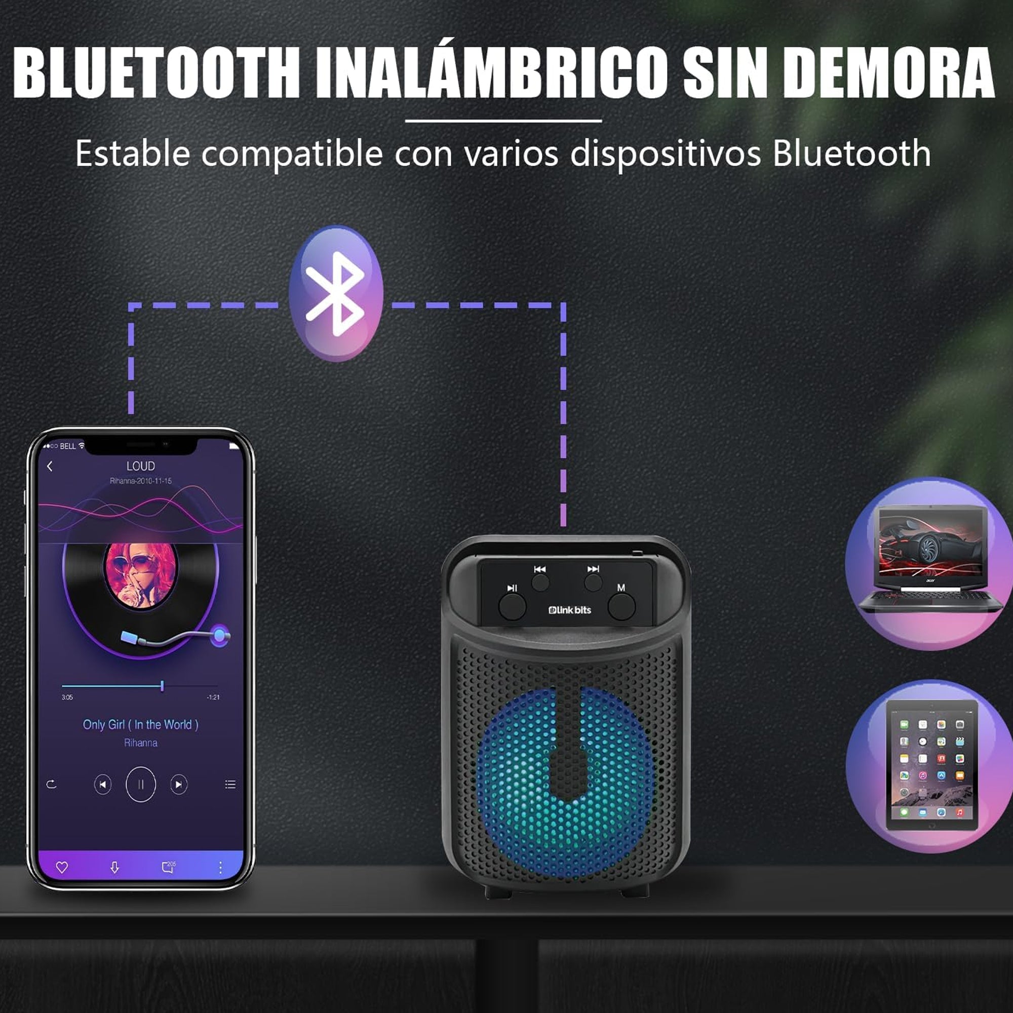 Parlante Bluetooth GTS-2288 Portátil Recargable con Luces RGB y Sonido Estéreo