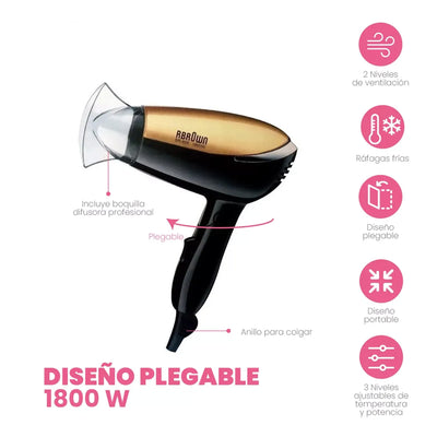 Secador de Cabello Portátil BR-858 1800W de Secado Eficiente